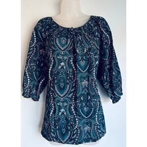 St. John's Bay Blouse Teal Paisley Pattern XXL Boho Peasant